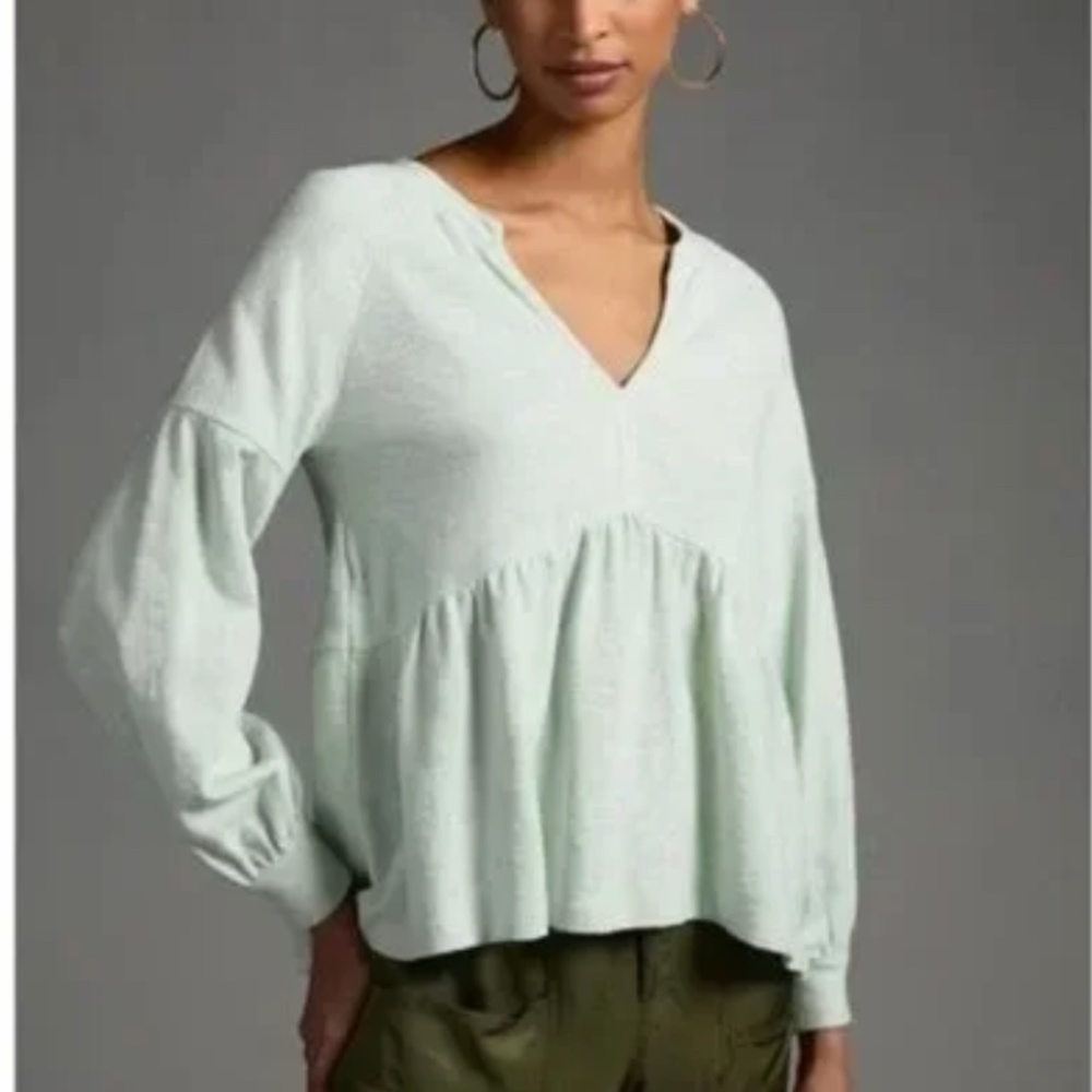 PILCRO Anthropologie Split Neck Mint Terrycloth Babydoll Top Size L